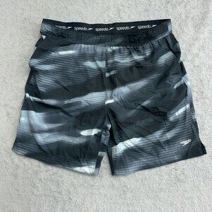 NWOT Speedo Men's XL Swim Shorts Black & Gray Camouflage Pattern Polyester
